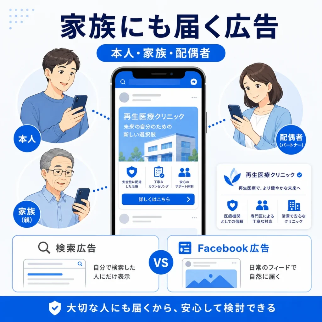 再生医療クリニックのFacebook広告が本人だけでなく家族や配偶者にも届くことを示すイラスト