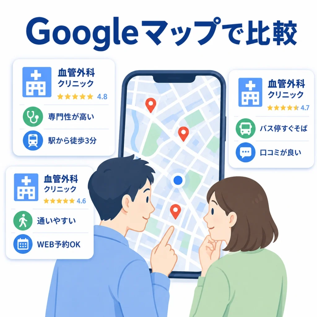 足の血管やむくみの悩みを持つ本人と家族がGoogleマップで地域の血管外科クリニックを比較しているイラスト