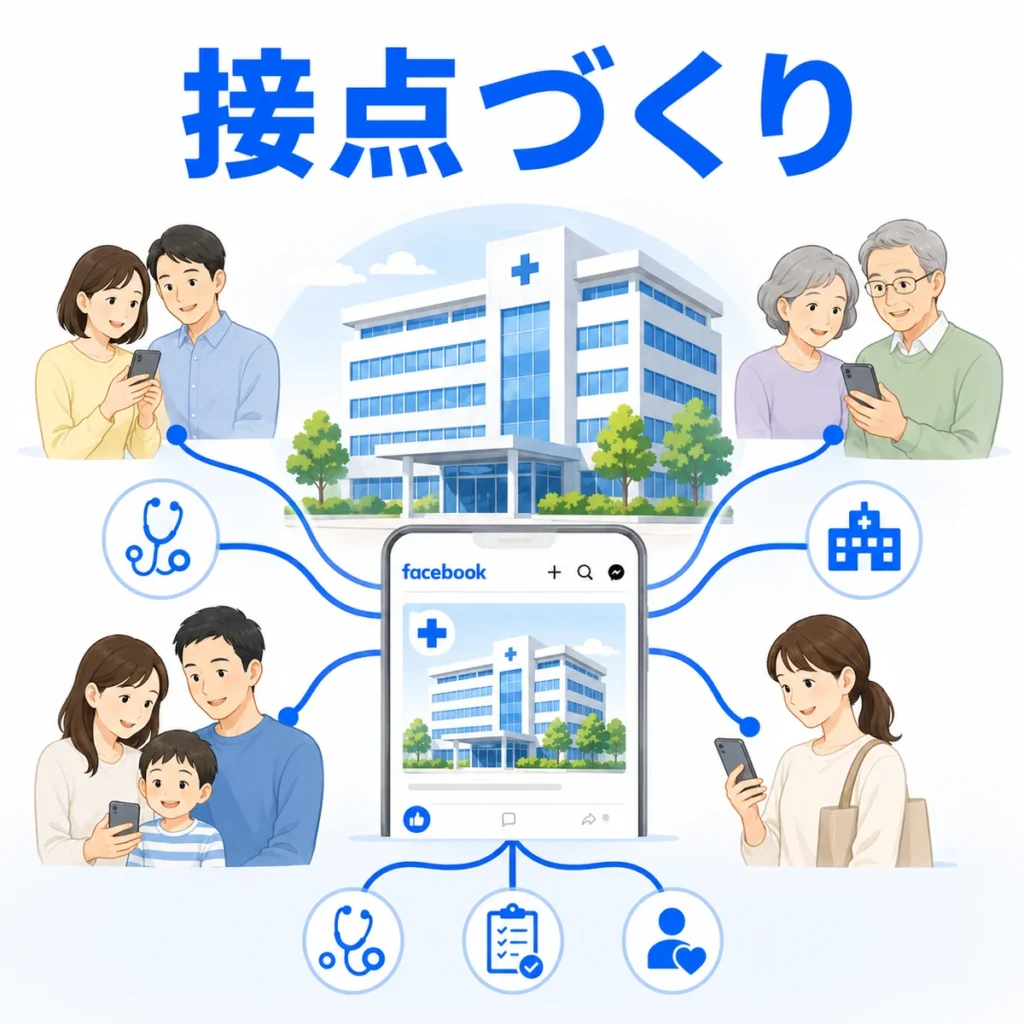 Facebook広告が総合病院と地域住民や患者家族をつなぐ接点になることを示すイラスト