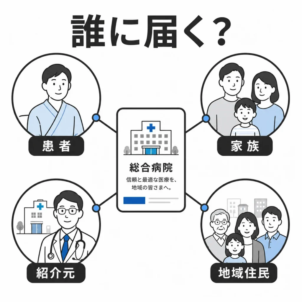 総合病院のX広告が患者・家族・紹介元・地域住民へ届く接点を示すイラスト
