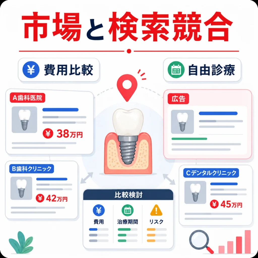 インプラント専門歯科の検索広告市場で費用比較や自由診療情報を比較する様子を示すイラスト