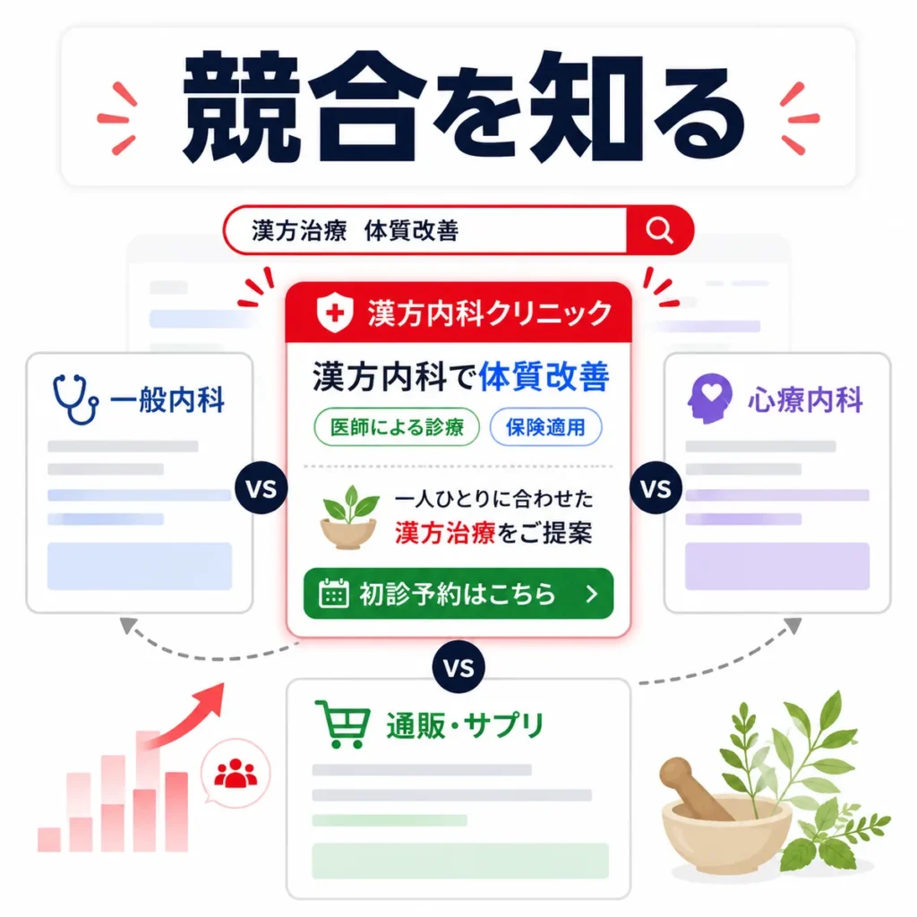 漢方内科クリニックが一般内科・心療内科・通販やサプリと検索枠を競う構図を示すイラスト
