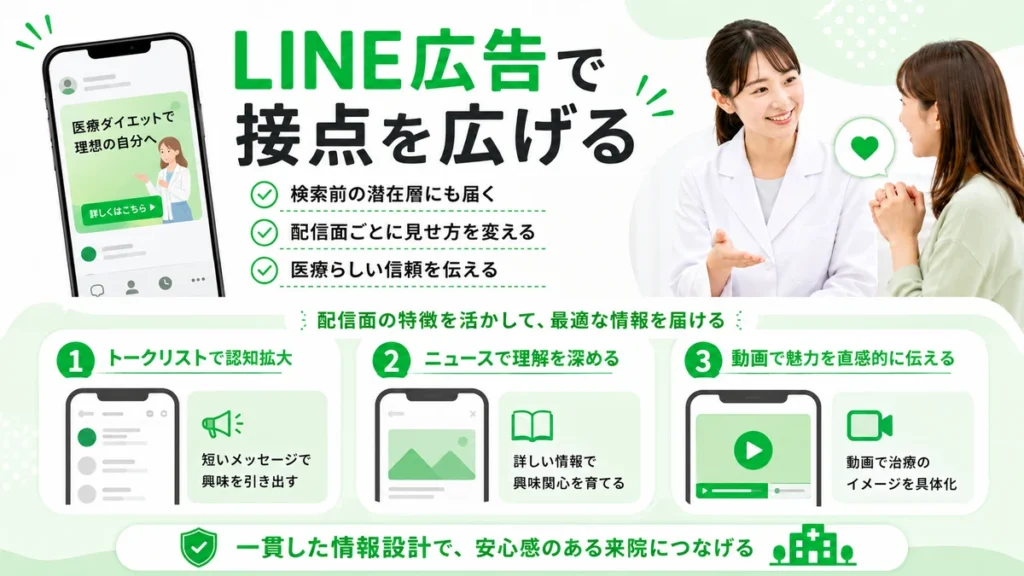 LINE広告で検索前の潜在層に接点を広げ、配信面ごとに情報を届ける流れを示すイラスト
