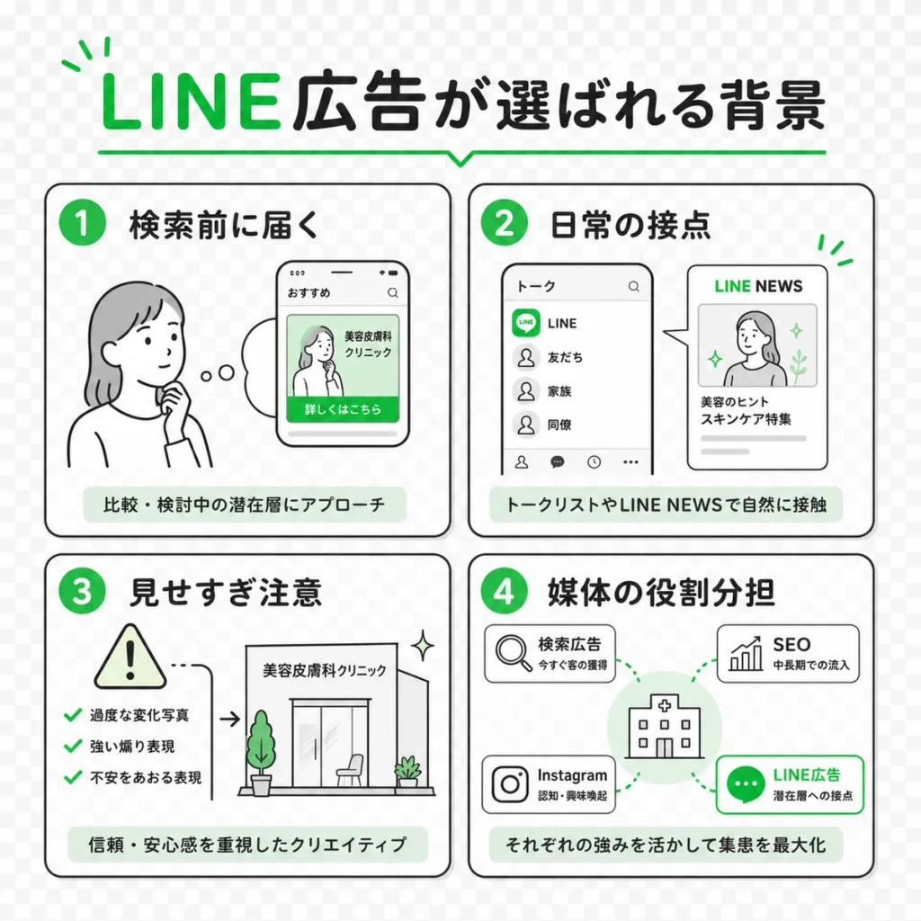 美容皮膚科クリニックのLINE広告が検索前の関心層や日常接点で選ばれる背景を示すイラスト