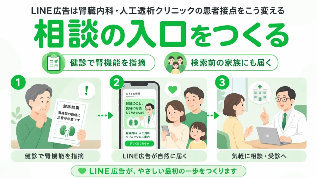 LINE広告が健診で腎機能を指摘された人や家族に相談の入口を届ける流れを示すイラスト