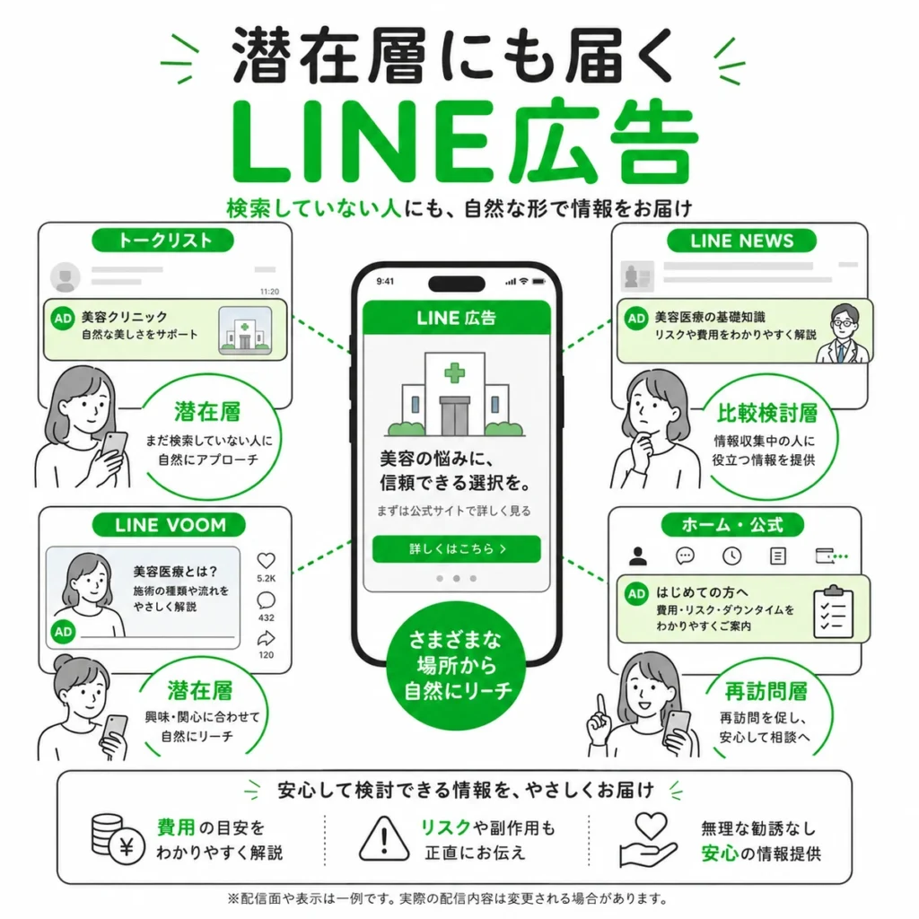 検索していない潜在層にもLINE広告で自然に接点を作る流れを示すイラスト