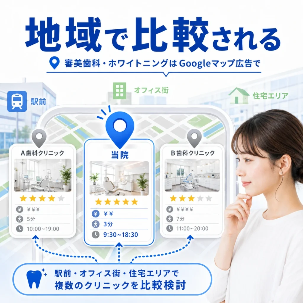 審美歯科・ホワイトニングが地域の競合クリニックとGoogleマップ上で比較される様子を示すイラスト