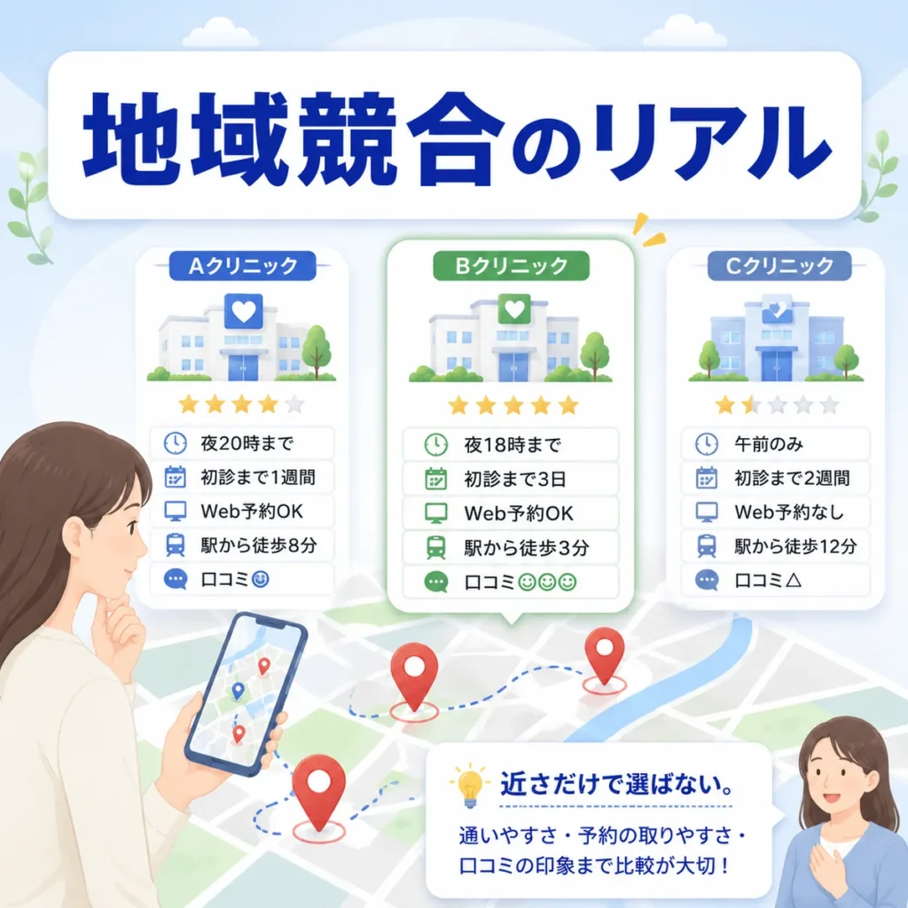精神科クリニックがGoogleマップ上で診療時間やWeb予約、口コミなどを比較される様子を示すイラスト