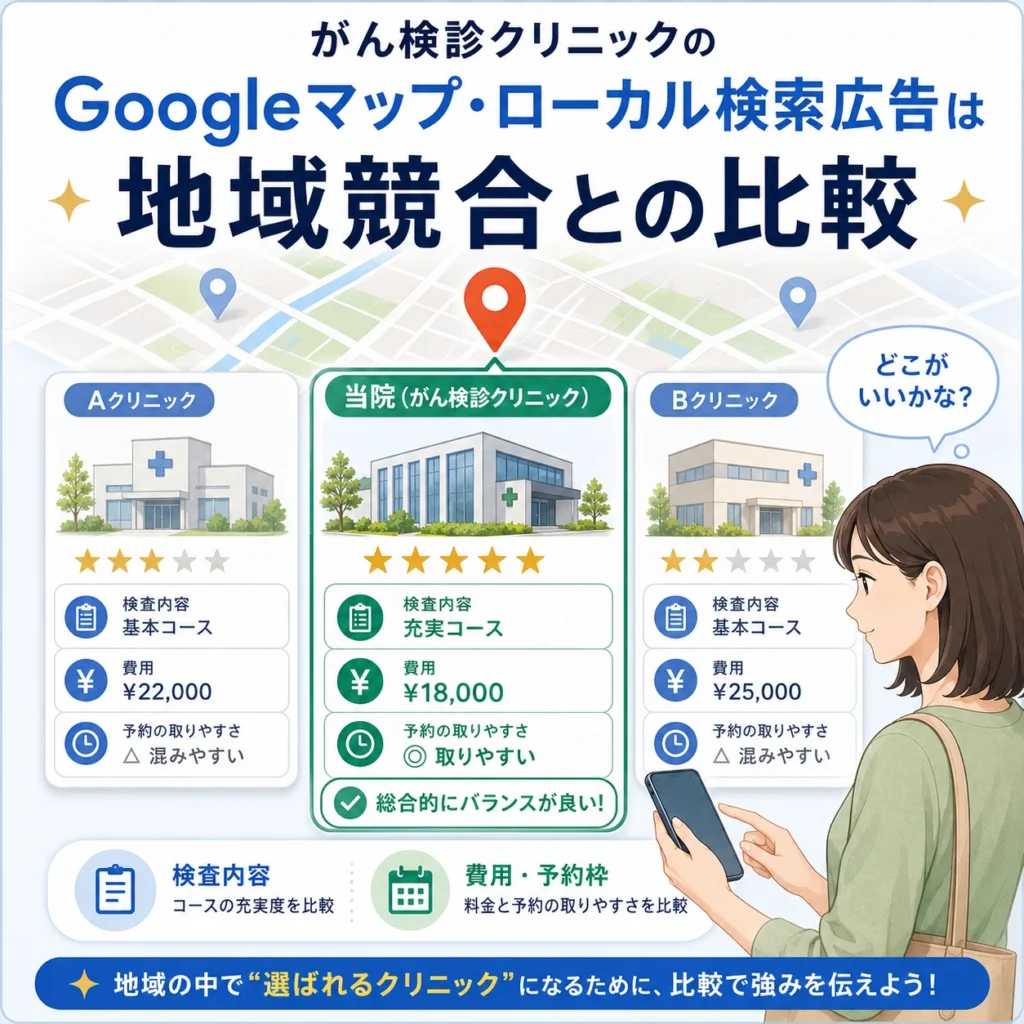 がん検診クリニックが地域競合と比較される検査内容・費用・予約枠を示すイラスト
