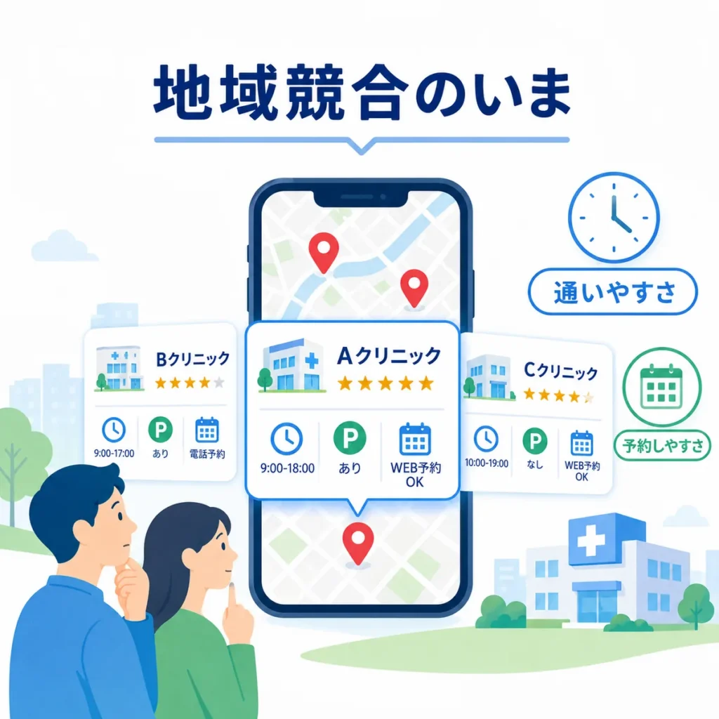 地域の生活習慣病・禁煙外来クリニックを通いやすさや予約方法で比較するイラスト