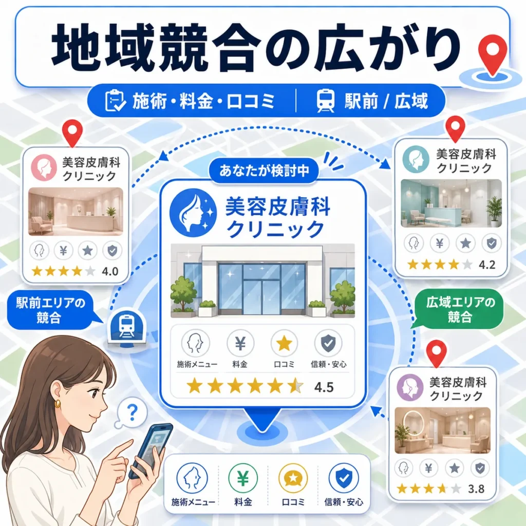 美容皮膚科クリニックがGoogleマップ上で施術内容や料金、口コミを比較される地域競合の広がりを示すイラスト