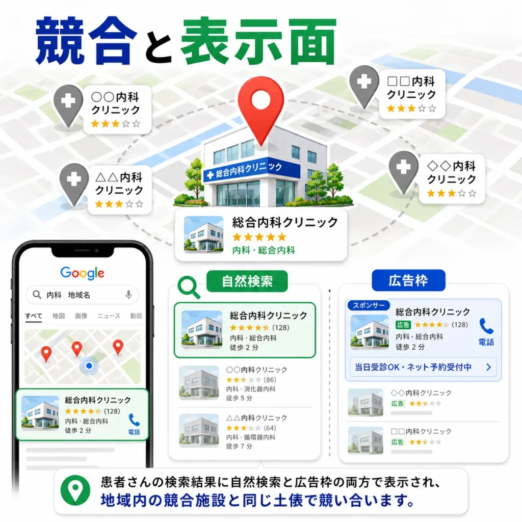 総合内科クリニックが地域競合や自然検索と広告枠で比較される表示面を示すイラスト