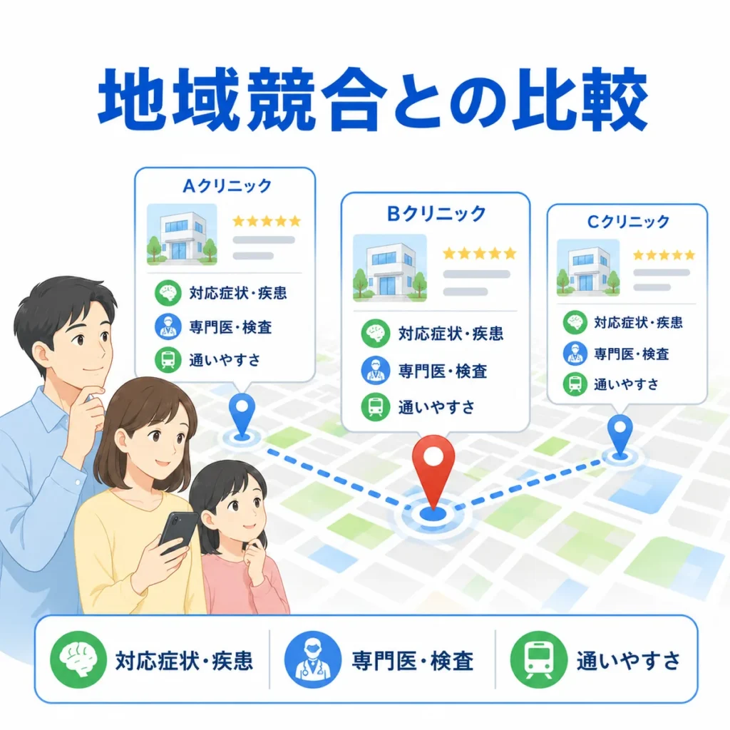 脳神経内科クリニックが地域競合と比較される対応症状・専門医・通いやすさの要素を示すイラスト