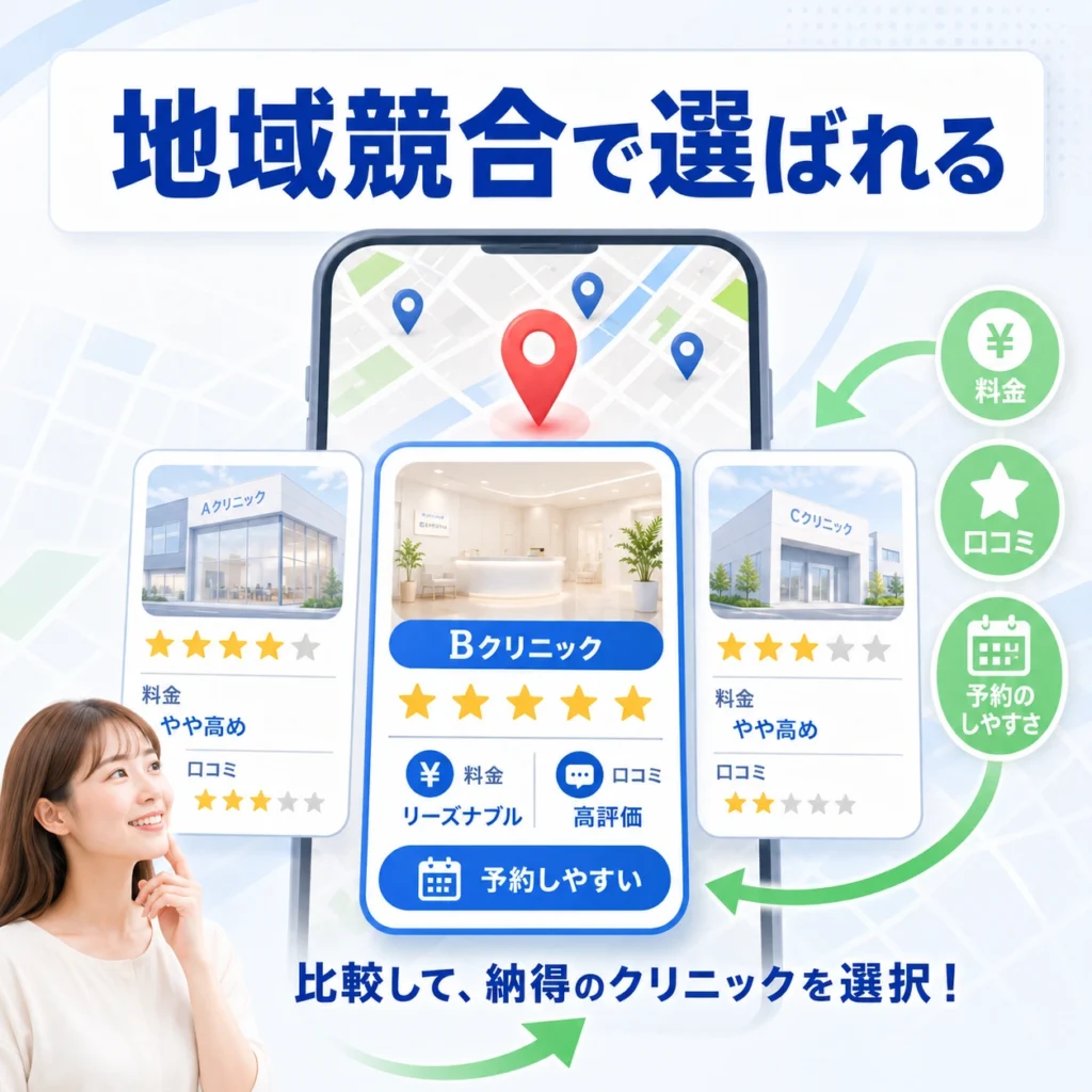 医療脱毛クリニックが地域競合と料金・口コミ・予約しやすさで比較される様子を示すイラスト