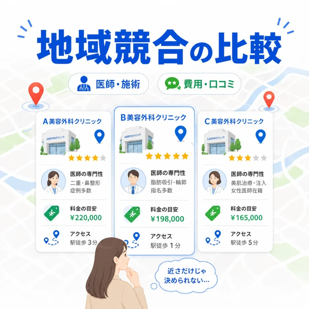 美容外科クリニックが近さだけでなく医師・施術・費用・口コミで比較される地域競合のイラスト