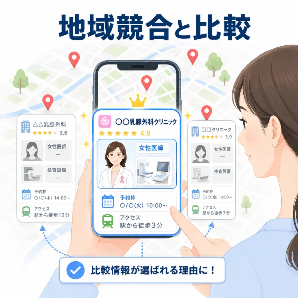 乳腺外科クリニックが地域競合と比較されるポイントを示すイラスト