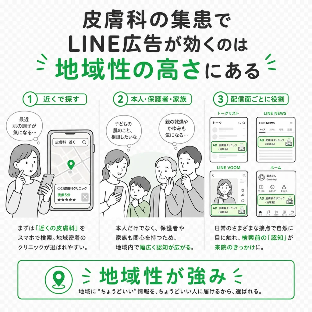 皮膚科の集患でLINE広告が地域性の高さを生かして認知につながる流れを示すイラスト