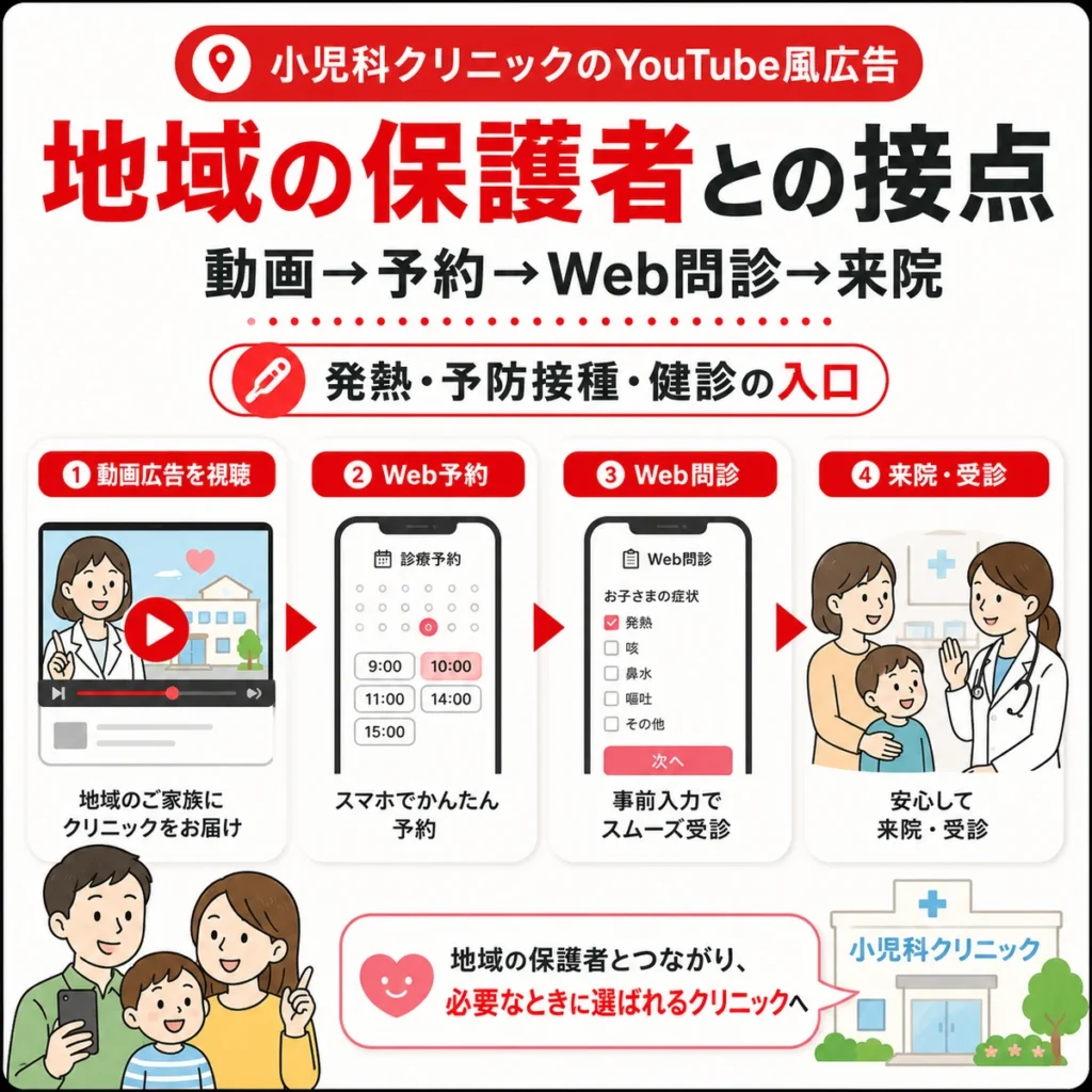 小児科のYouTube広告からWeb予約やWeb問診を経て来院につながる患者接点を示すイラスト