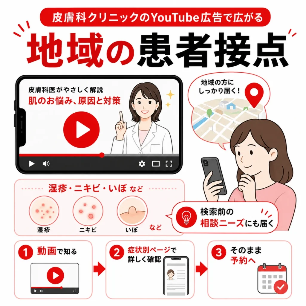 皮膚科のYouTube広告が地域の患者接点を広げる流れを示すイラスト