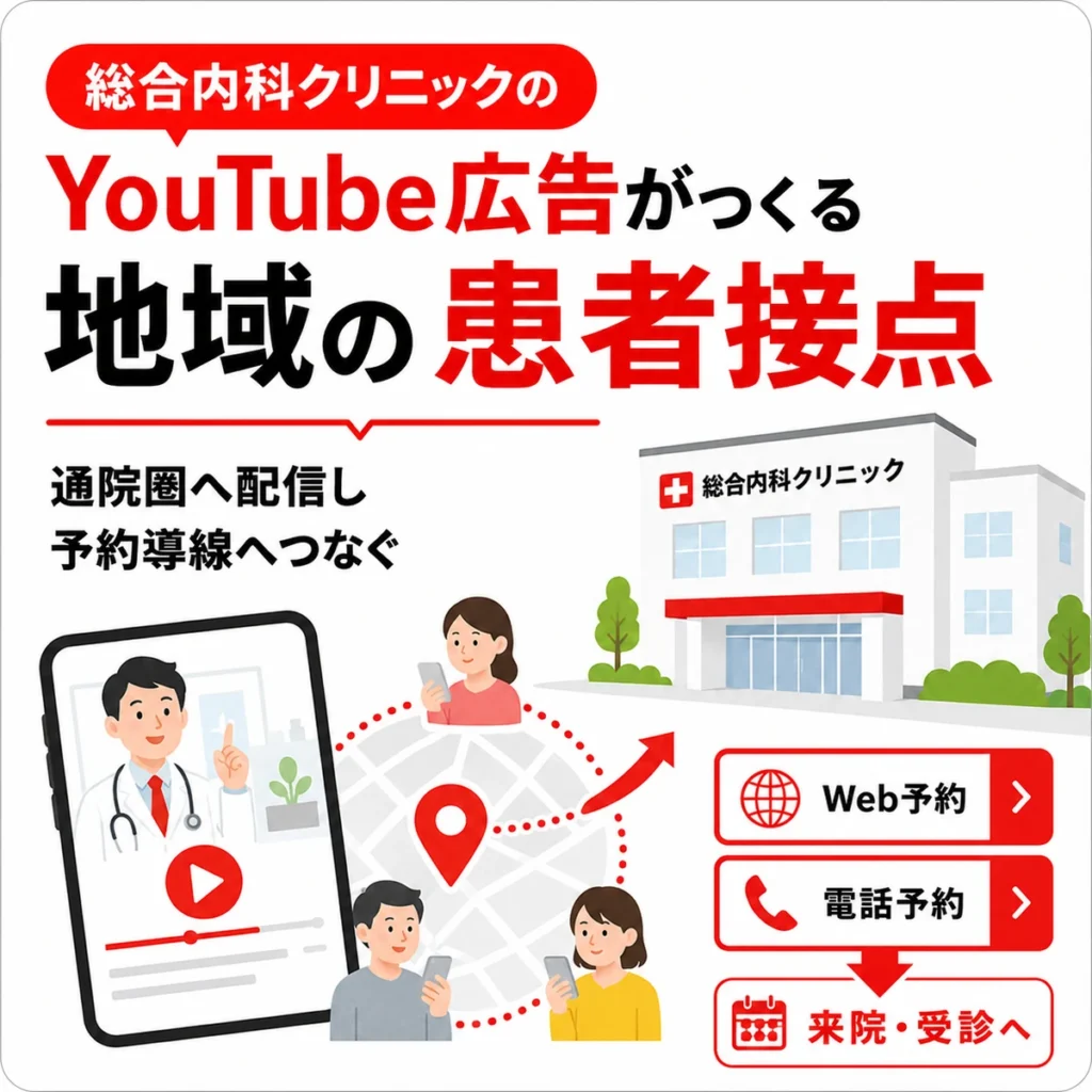 YouTube広告で通院圏の住民と総合内科クリニックの接点をつくる流れを示すイラスト