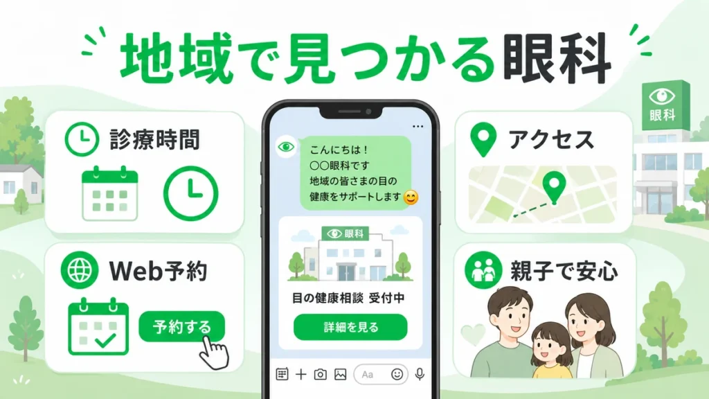 眼科クリニックのLINE広告が診療時間やアクセス、Web予約を通じて地域の患者接点を生むことを示すイラスト