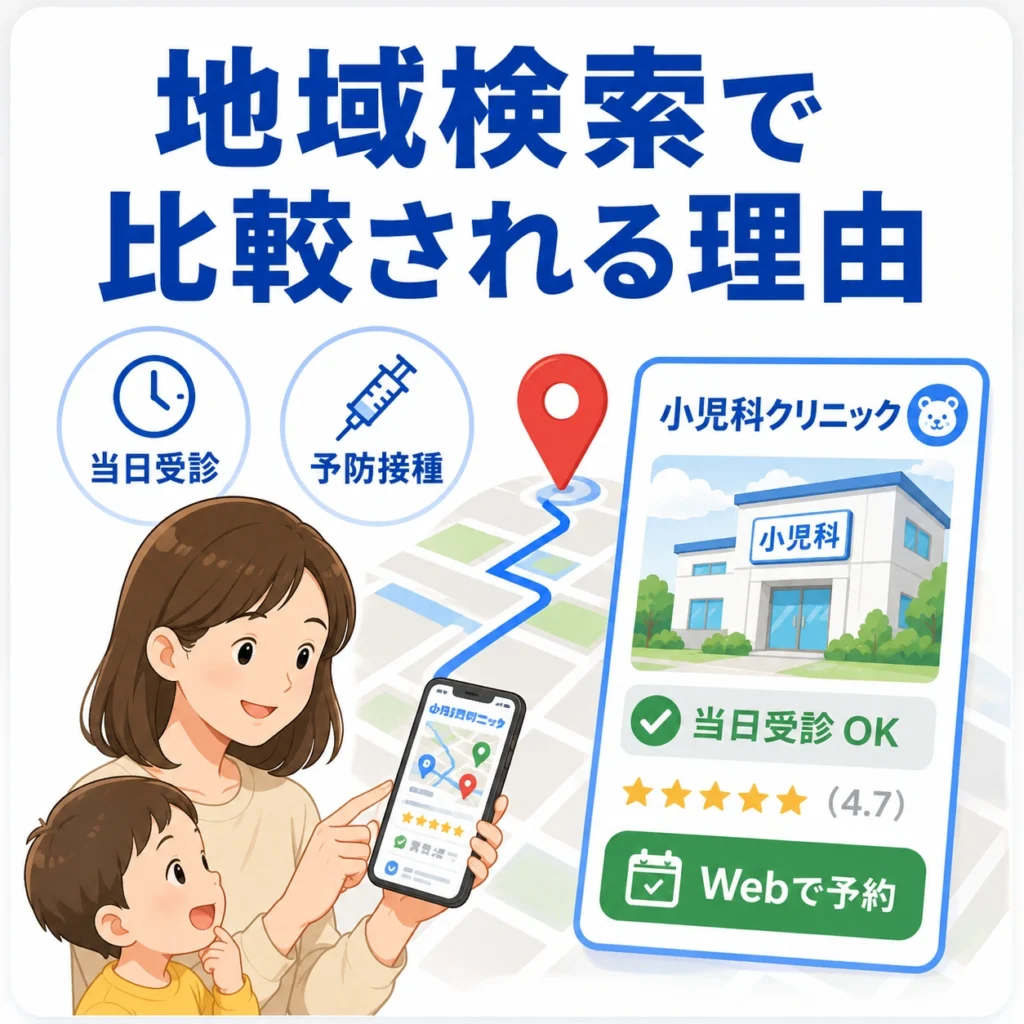 小児科クリニックが地域検索で比較される理由を、保護者と子ども、地図検索、当日受診や予防接種の要素で示したイラスト