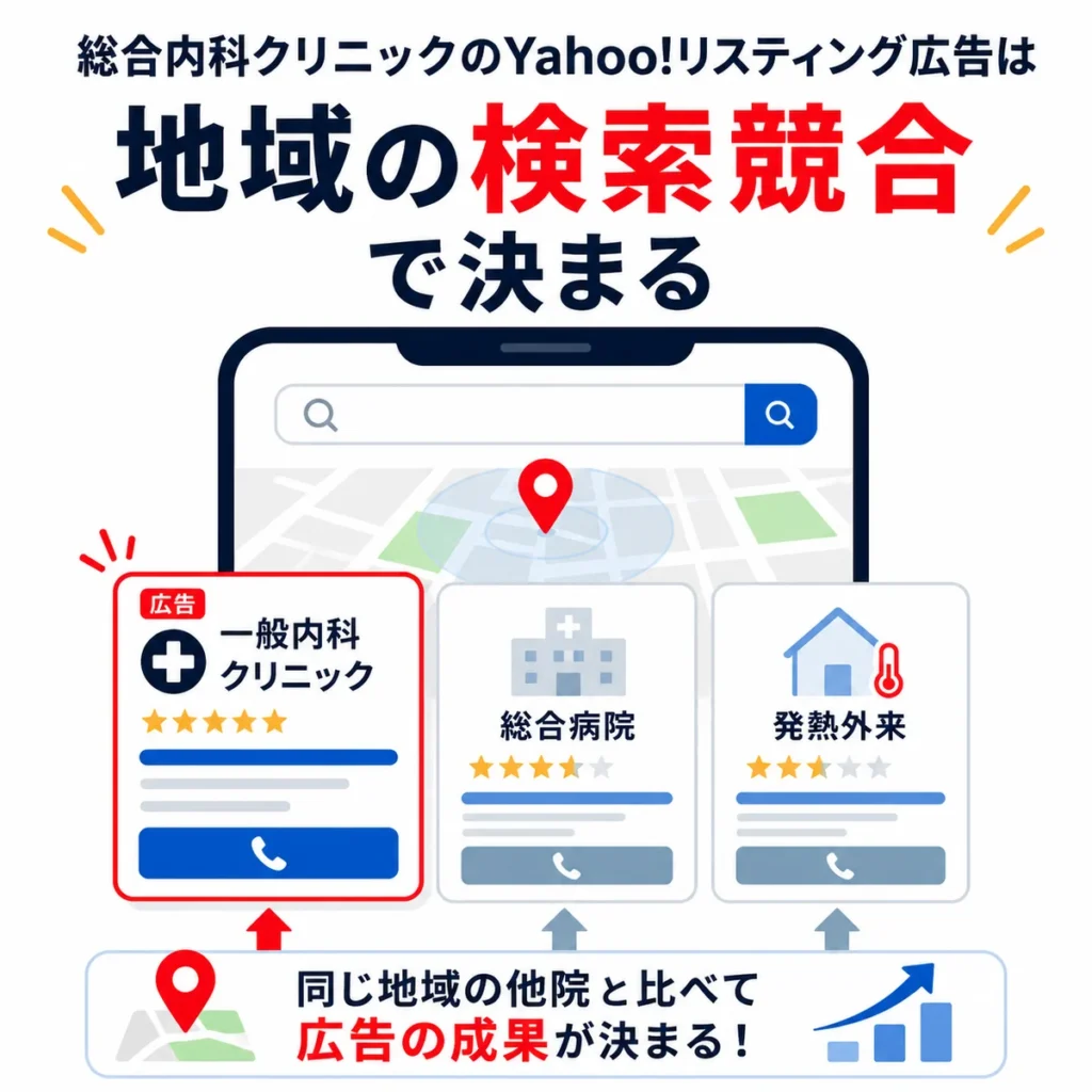 総合内科クリニックのYahoo!リスティング広告が地域の検索競合で成果を左右されることを示すイラスト