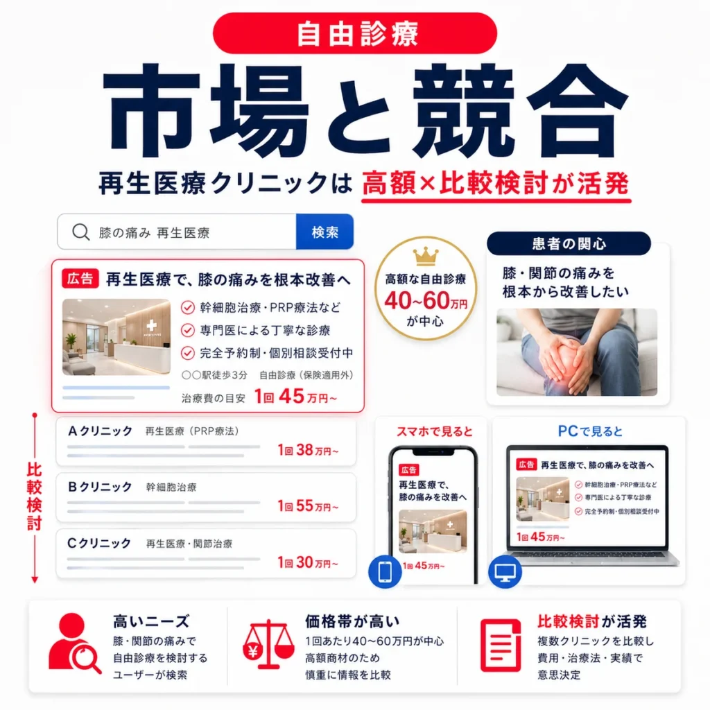 再生医療クリニックのYahoo!リスティング広告市場と検索競合の特徴を示すイラスト