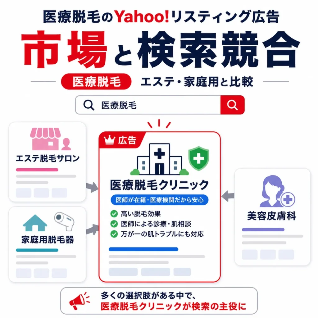 医療脱毛クリニックがエステ脱毛や家庭用脱毛器と検索結果で競合する様子を示すイラスト