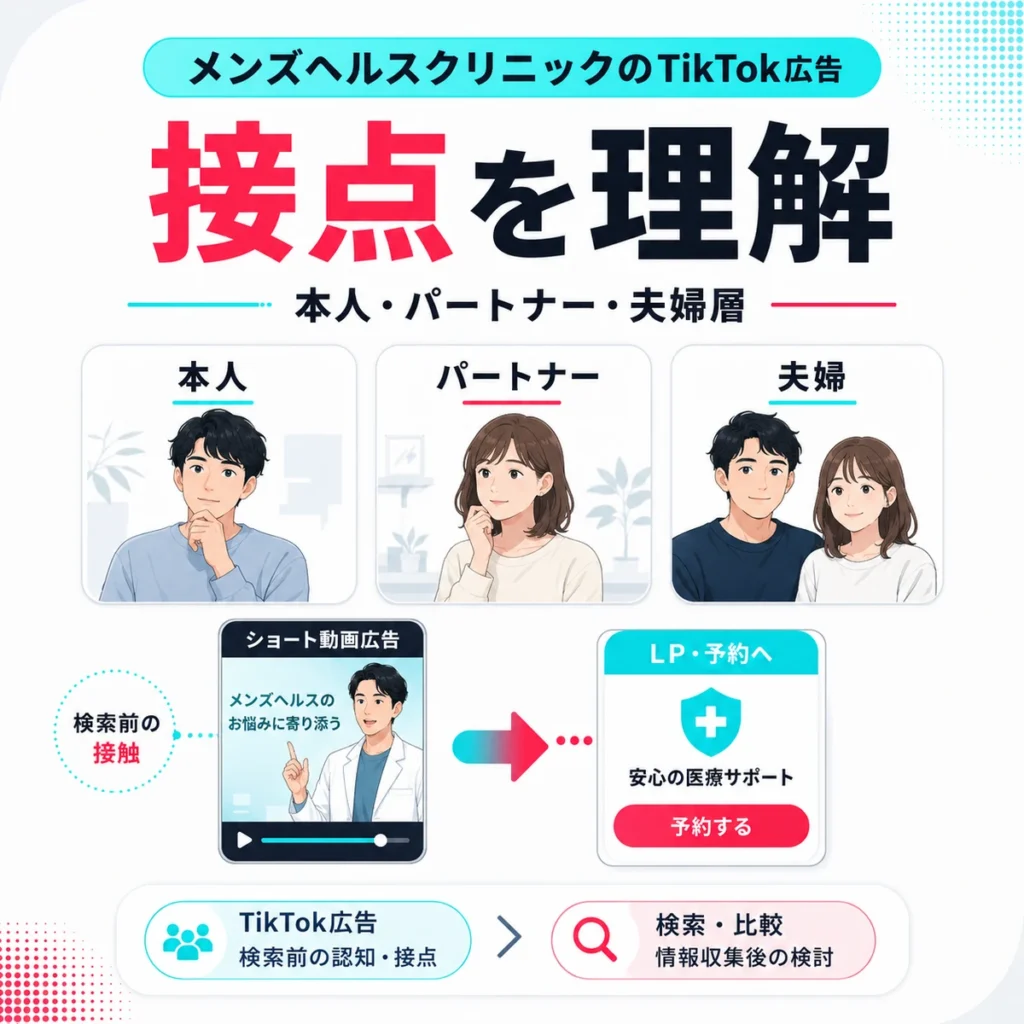 メンズヘルスクリニックのTikTok広告が本人・パートナー・夫婦層に接触する流れを示すイラスト