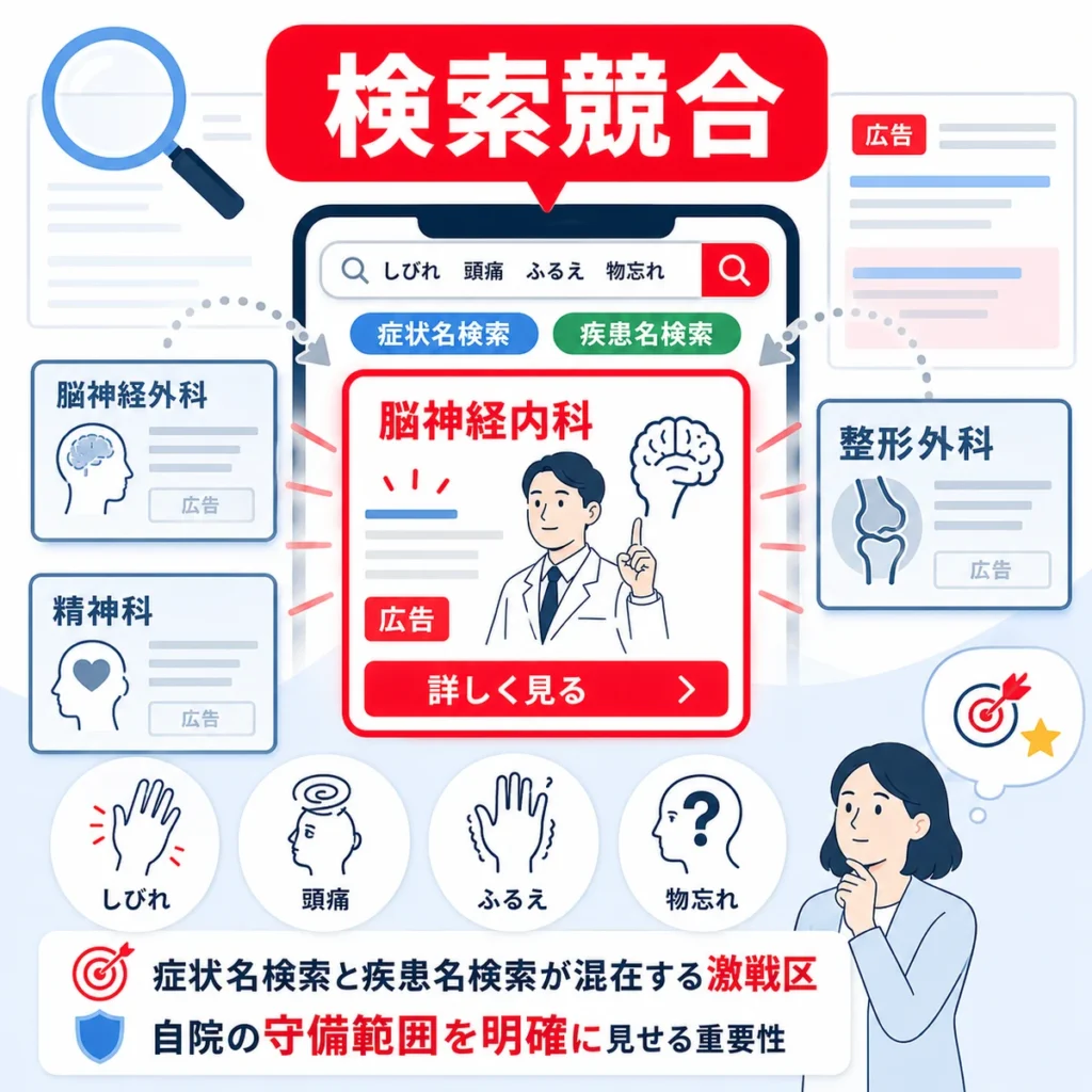 脳神経内科が症状名検索と疾患名検索の競合が多い検索面で比較される様子を示すイラスト