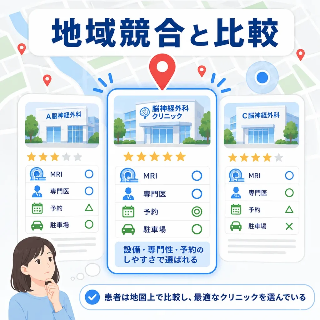 Googleマップ上で脳神経外科クリニックが地域競合と比較される様子を示すイラスト