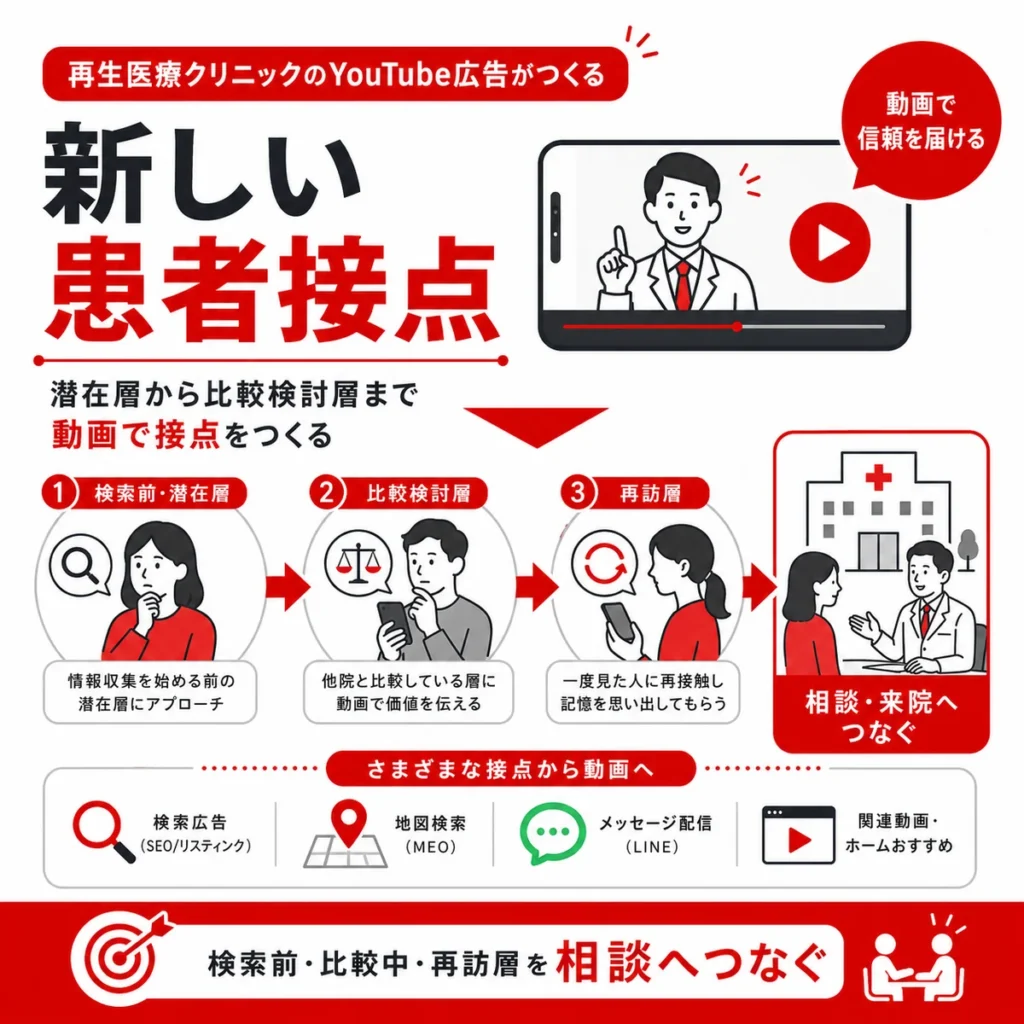 再生医療クリニックのYouTube広告が潜在層から比較検討層まで新しい患者接点をつくる流れを示すイラスト