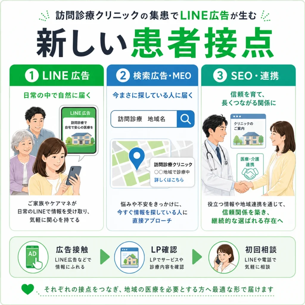 訪問診療クリニックの集患でLINE広告が新しい患者接点を生む流れを示すイラスト