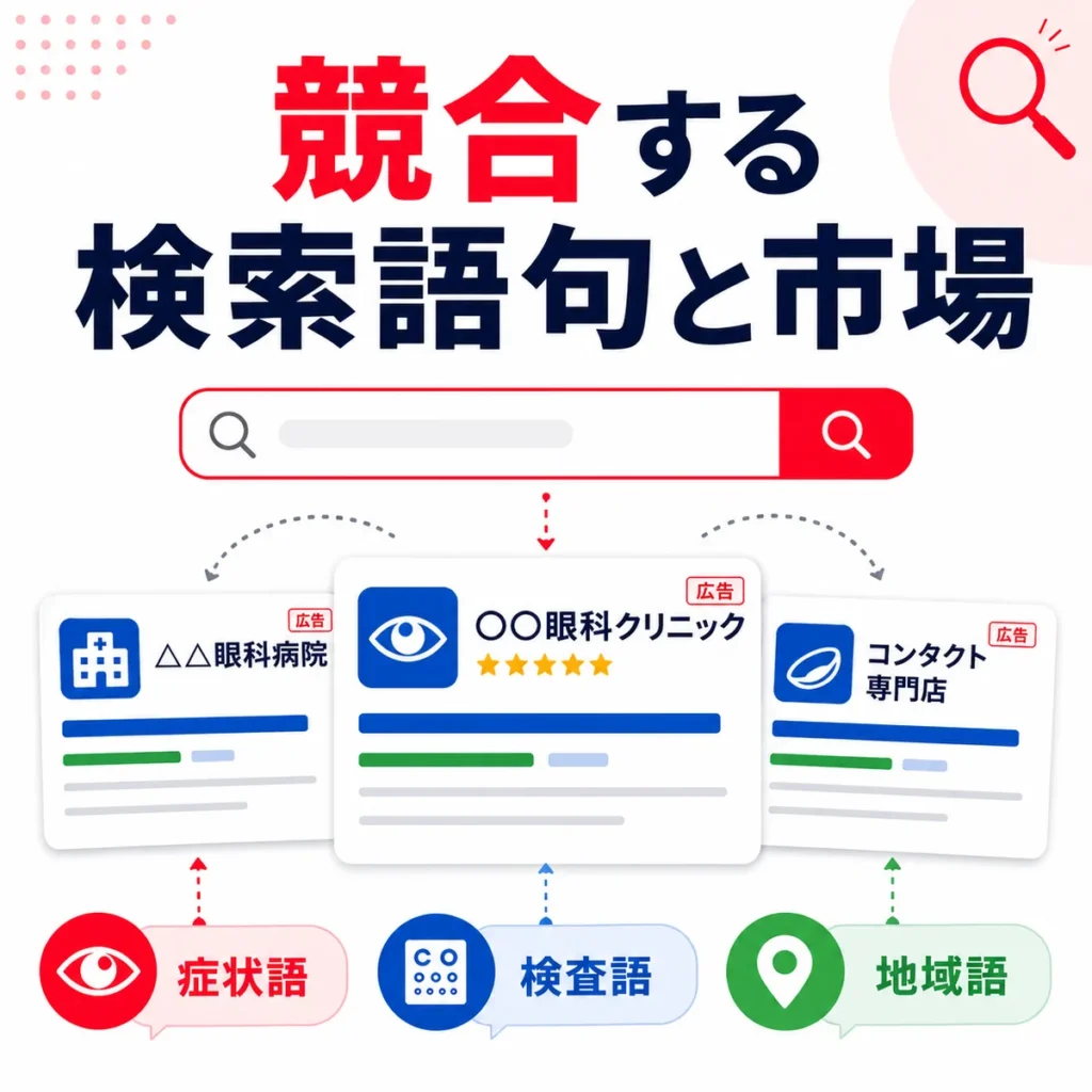 眼科クリニックがYahoo!リスティング広告で競合する症状語・検査語・地域語の市場を示すイラスト