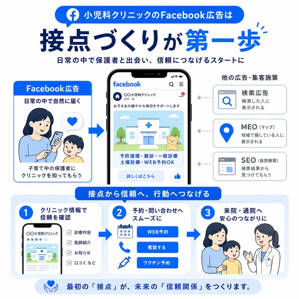 Facebook広告を通じて小児科クリニックが地域の保護者との接点を作る流れを示すイラスト