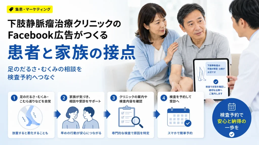 下肢静脈瘤治療クリニックのFacebook広告が患者本人と家族の接点をつくる流れを示すイラスト