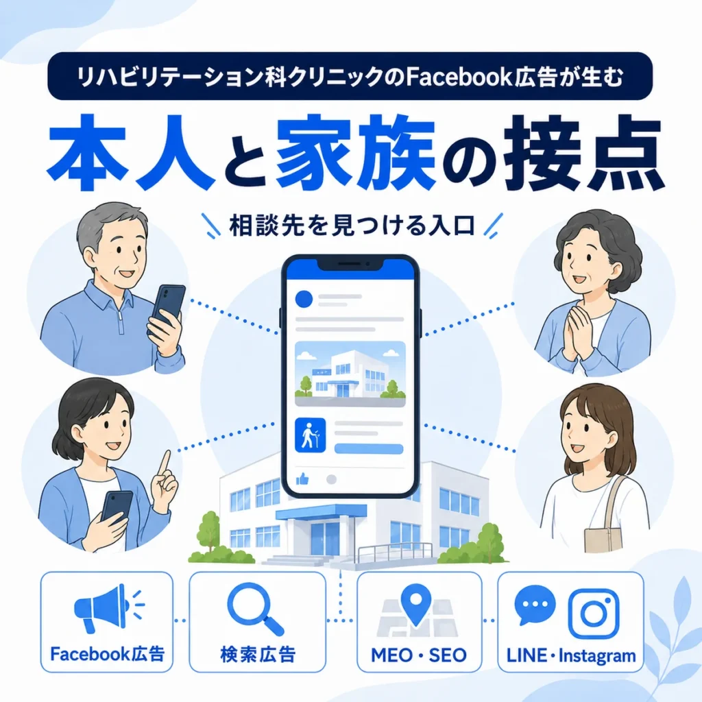 Facebook広告がリハビリ患者本人と家族にクリニックとの接点を作る流れを示すイラスト