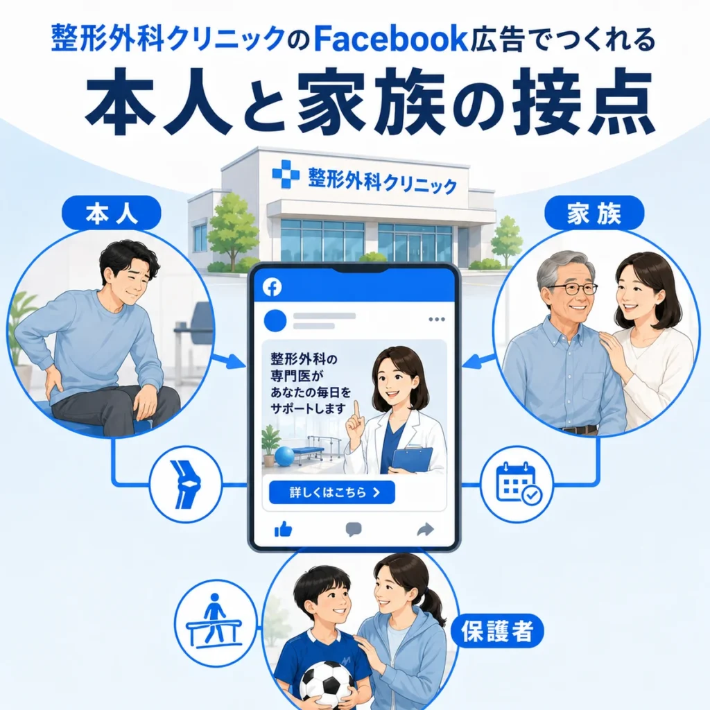 整形外科クリニックのFacebook広告が本人や家族や保護者との接点をつくる様子を示すイラスト