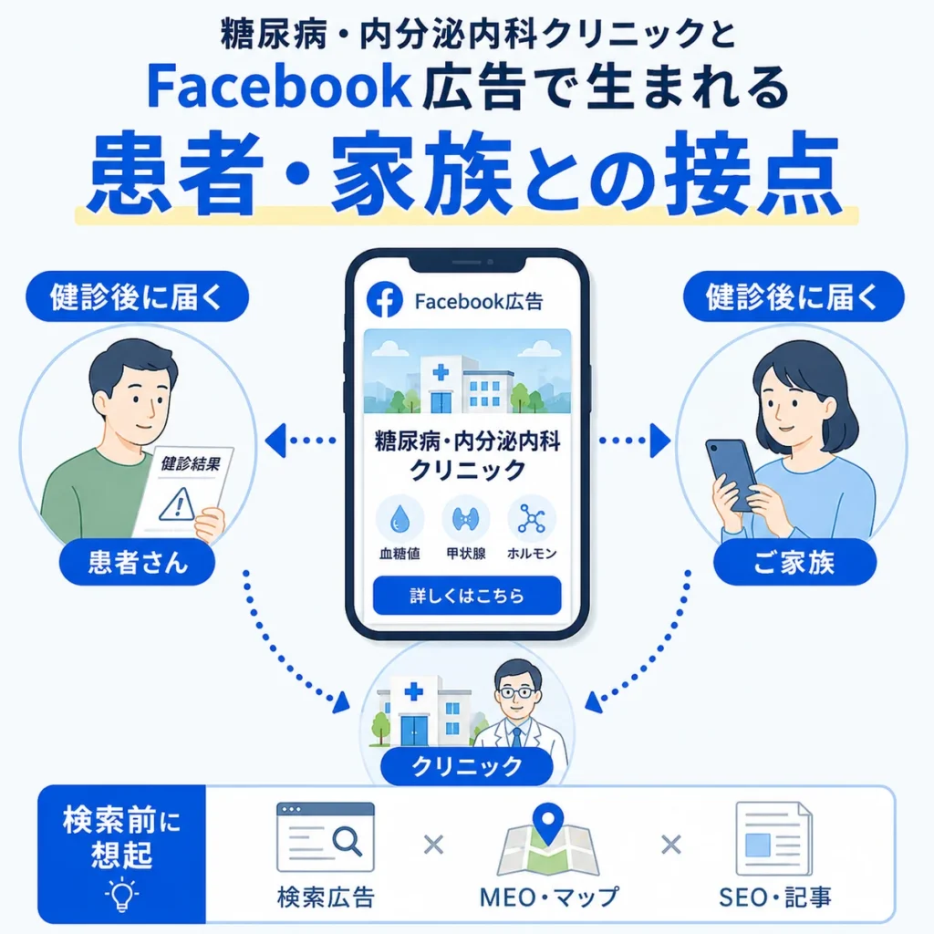Facebook広告が健診後の患者本人と家族、クリニックとの接点を作る流れを示すイラスト