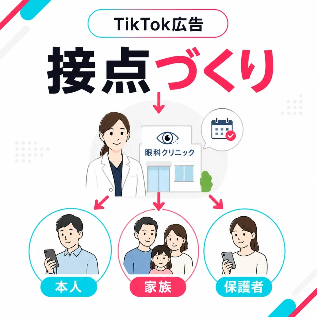 眼科クリニックのTikTok広告で本人・家族・保護者との接点を作る流れを示すイラスト