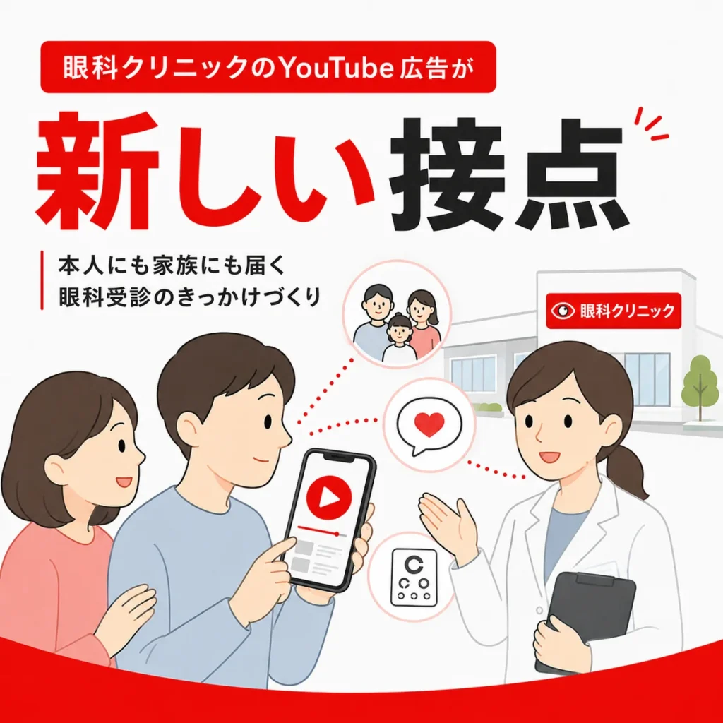 YouTube広告が患者本人や家族に眼科受診の新しい接点を作ることを示すイラスト