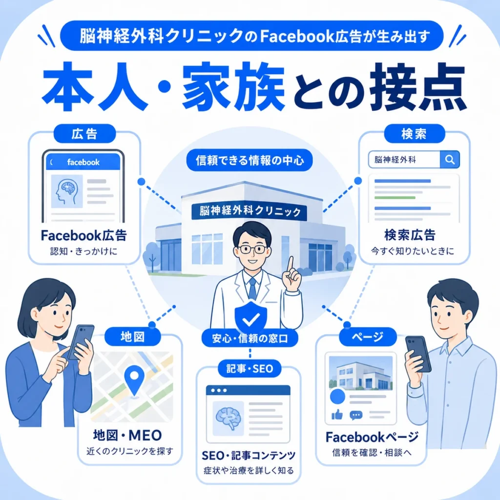 脳神経外科クリニックのFacebook広告が本人や家族との接点を作る流れを示すイラスト
