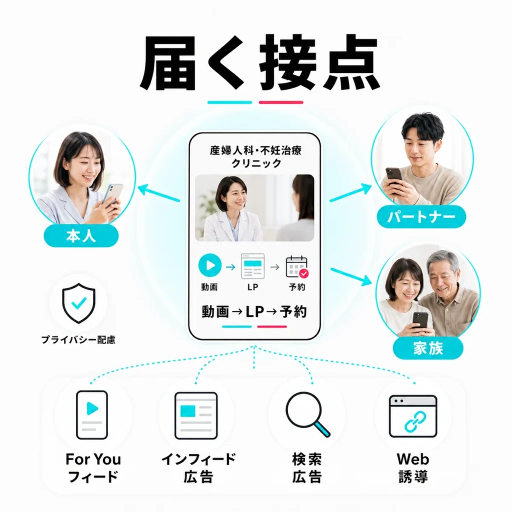 産婦人科・不妊治療クリニックのTikTok広告が本人・パートナー・家族に届く接点を示すイラスト