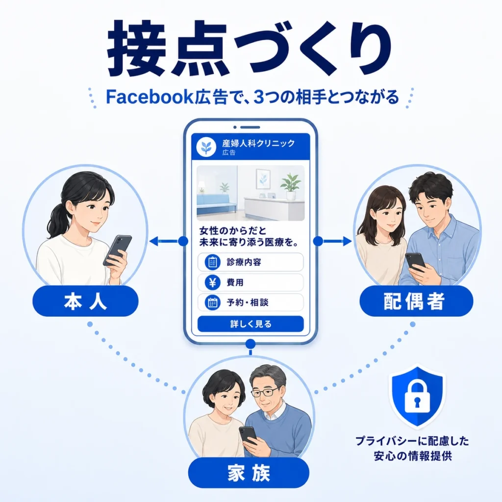 Facebook広告で本人・配偶者・家族との接点をつくる流れを示すイラスト