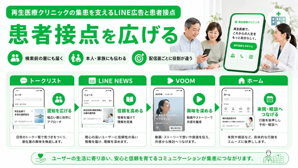 再生医療クリニックのLINE広告で患者接点を広げる流れを示すイラスト