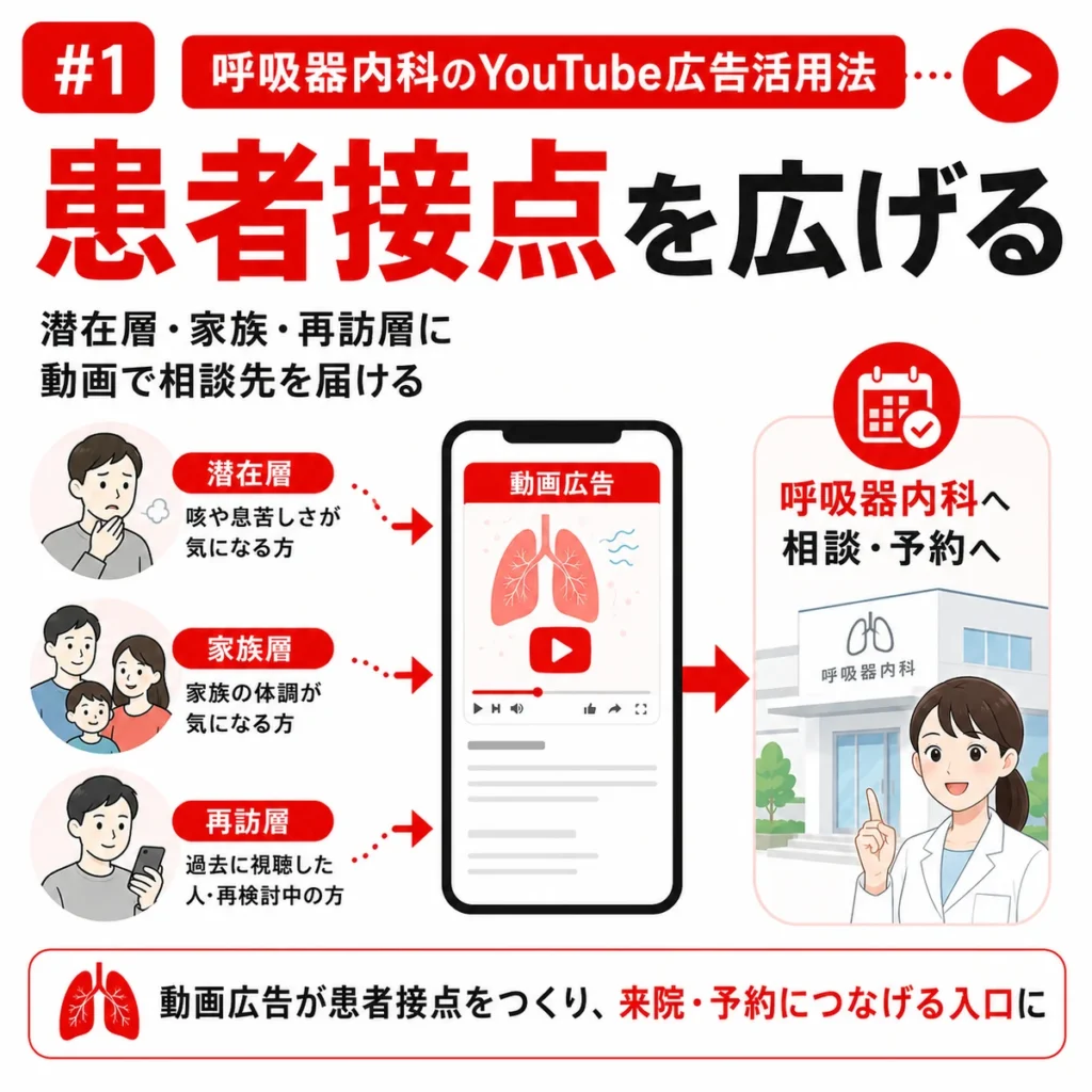 YouTube広告で潜在層や家族、再訪層へ呼吸器内科の相談先を届ける流れを示すイラスト