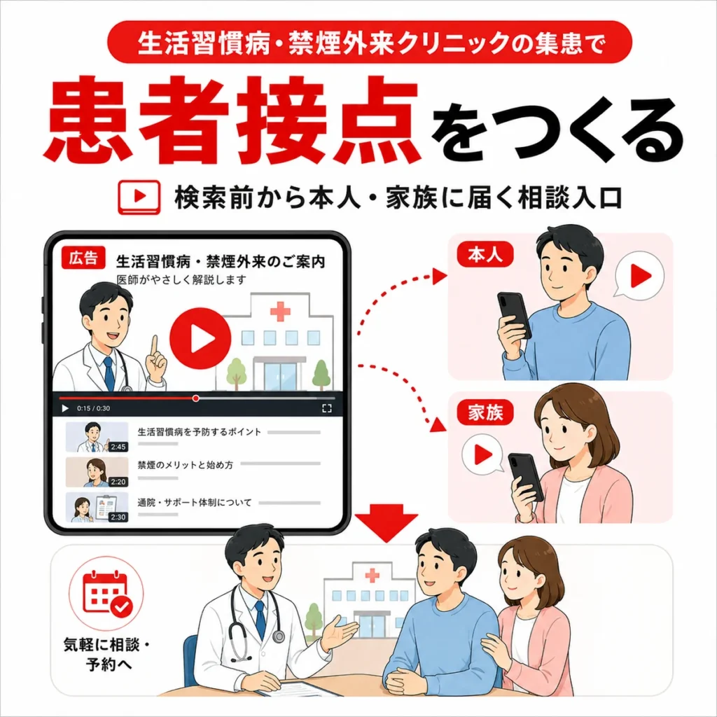 YouTube広告で検索前の患者本人と家族に生活習慣病や禁煙外来の相談入口を届ける流れを示すイラスト