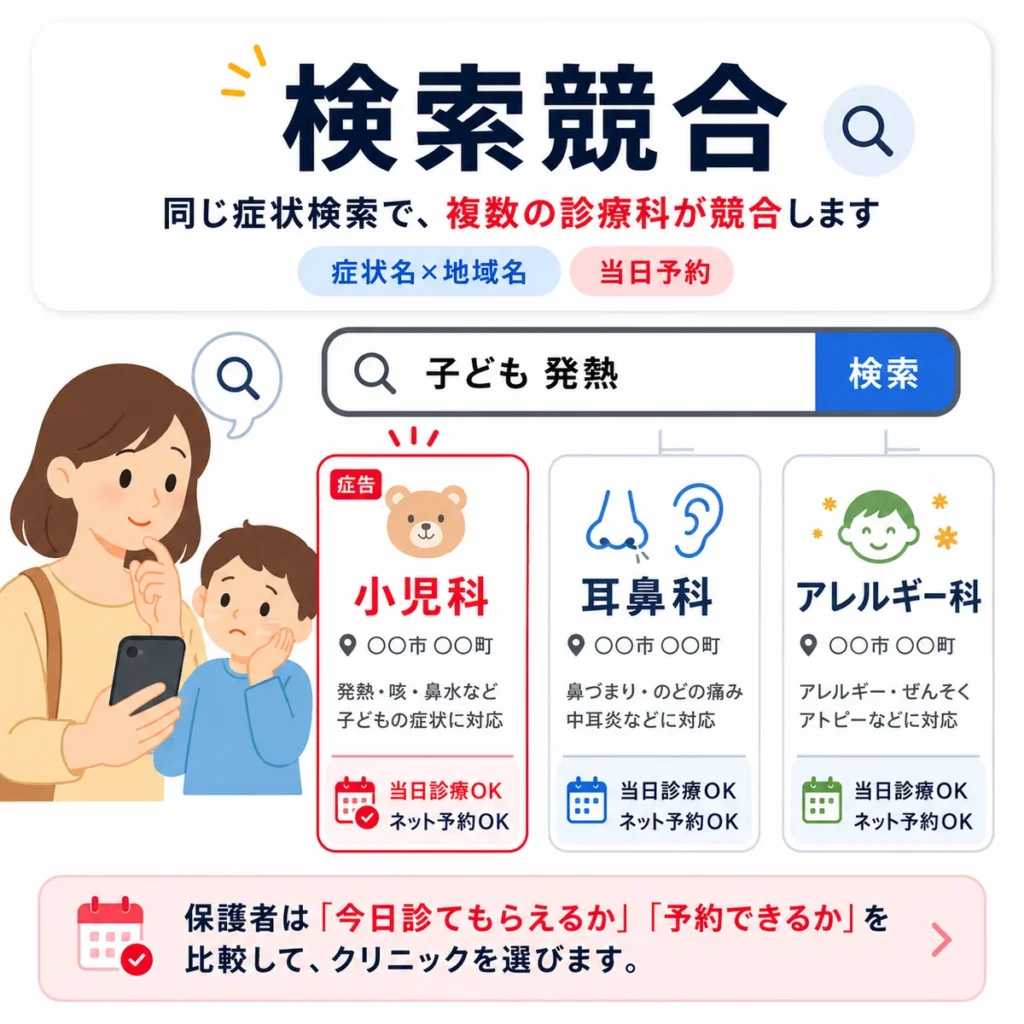 小児科の症状検索で耳鼻科やアレルギー科と比較される検索競合を示すイラスト
