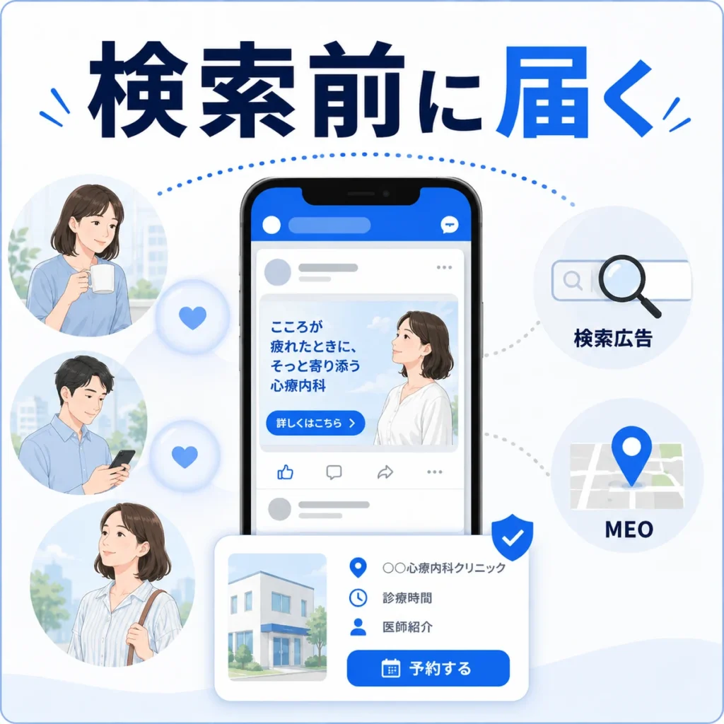 検索前の段階にいる本人へFacebook広告で静かに接点を作る様子を示すイラスト